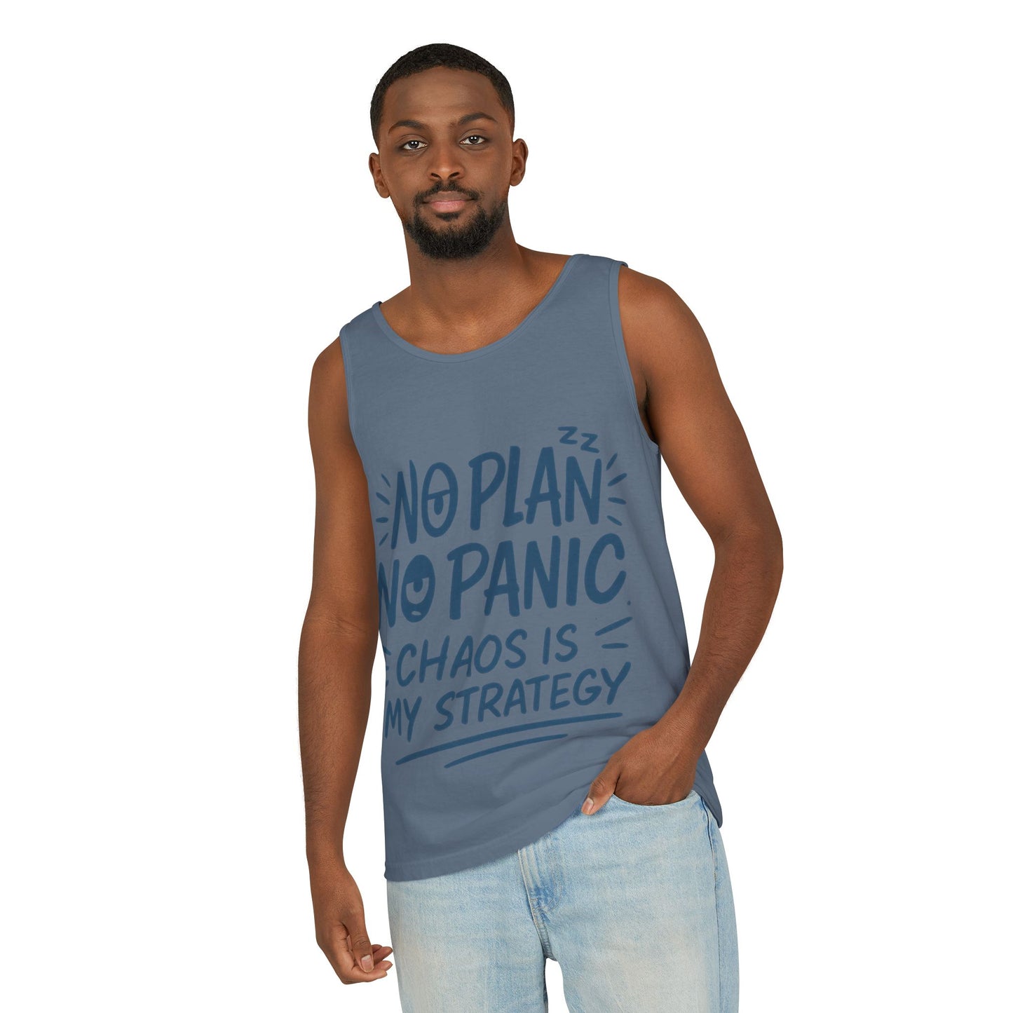 Funny Chaos Quote Mens Tank Top, No Plan No Panic Humor Shirt, Casual Graphic Tee Gift for Him, Relaxed Fit, Workout Gym Humor Shirt