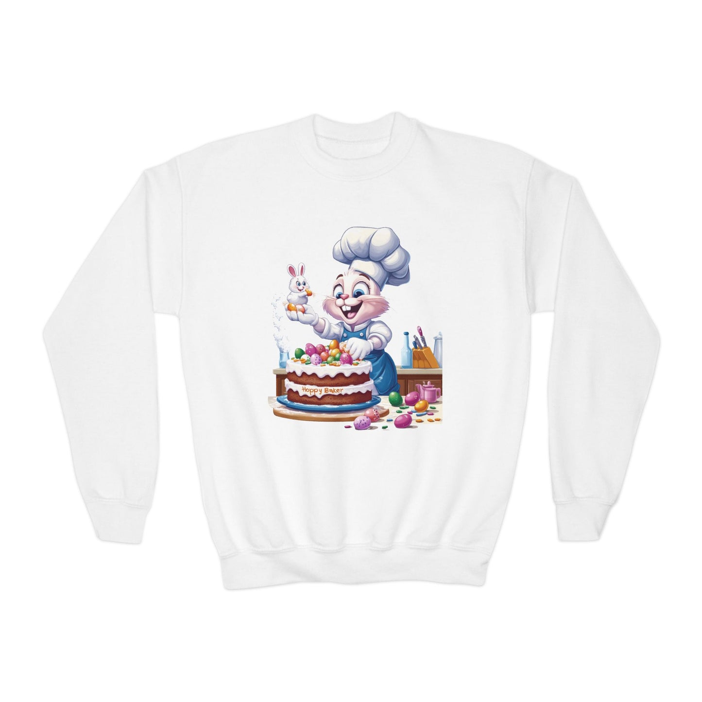 Hoppy Baker Easter Bunny Youth Sweatshirt - Cute Spring Crewneck for Kids with Chef Bunny and Cake, Fun Holiday Gift for Easter Lovers