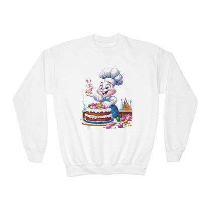 Hoppy Baker Easter Bunny Youth Sweatshirt - Cute Spring Crewneck for Kids with Chef Bunny and Cake, Fun Holiday Gift for Easter Lovers