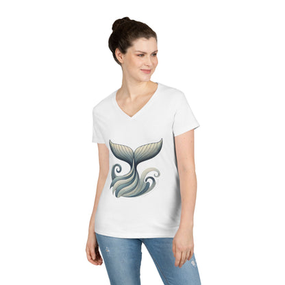 Whale Tail Ocean Wave Graphic V-Neck T-Shirt, Unisex Heavy Cotton Shirt for Sea Lovers, Ocean Lover Shirt, Summer Fashion Tee Gift