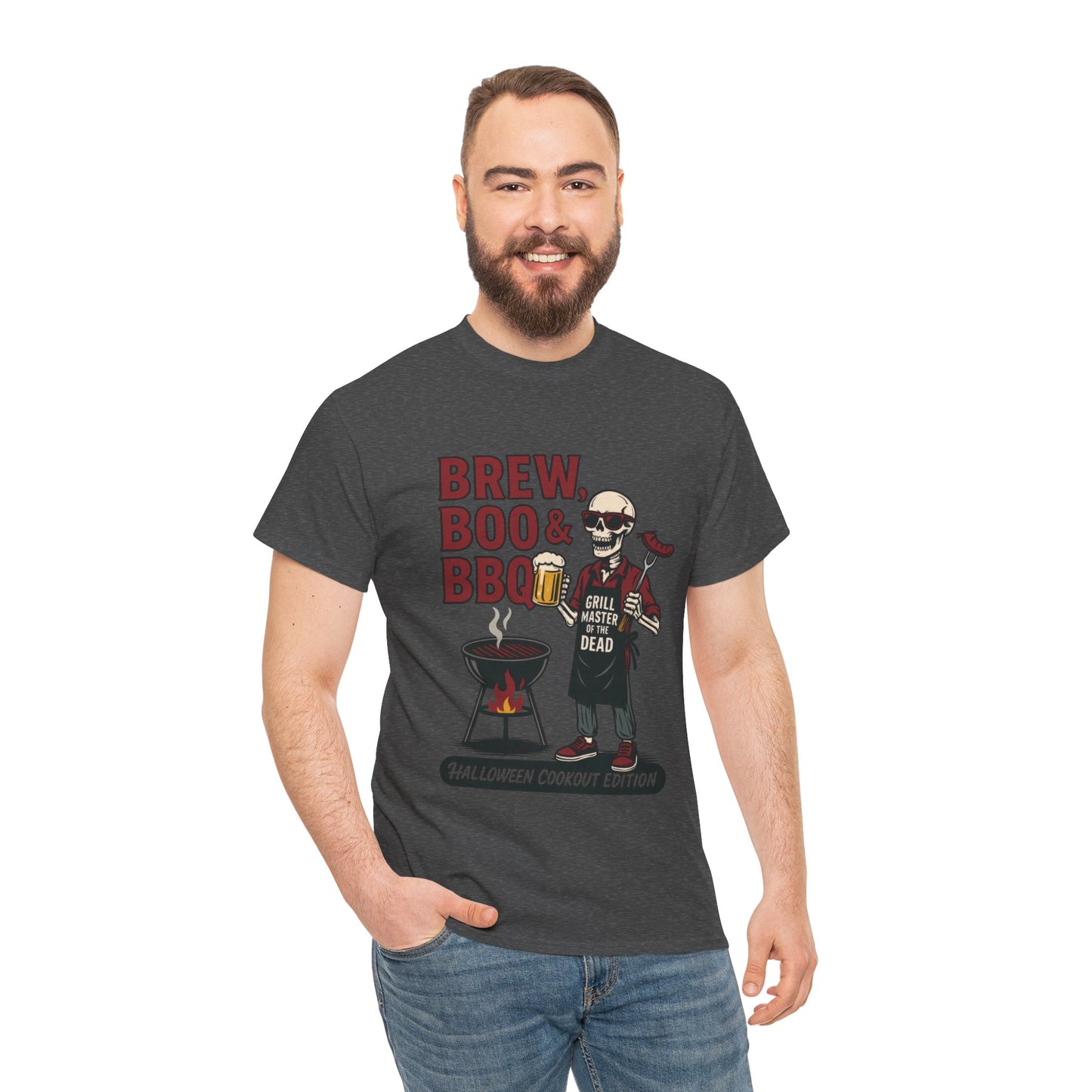 Halloween BBQ Men's T-Shirt, Brew Boo & BBQ Skeleton Grill Master Tee, Funny Dad Gift, Grill Master Tee, Grill Dad Halloween