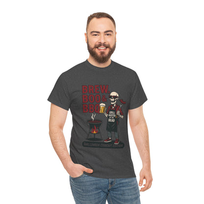 Halloween BBQ Men's T-Shirt, Brew Boo & BBQ Skeleton Grill Master Tee, Funny Dad Gift, Grill Master Tee, Grill Dad Halloween