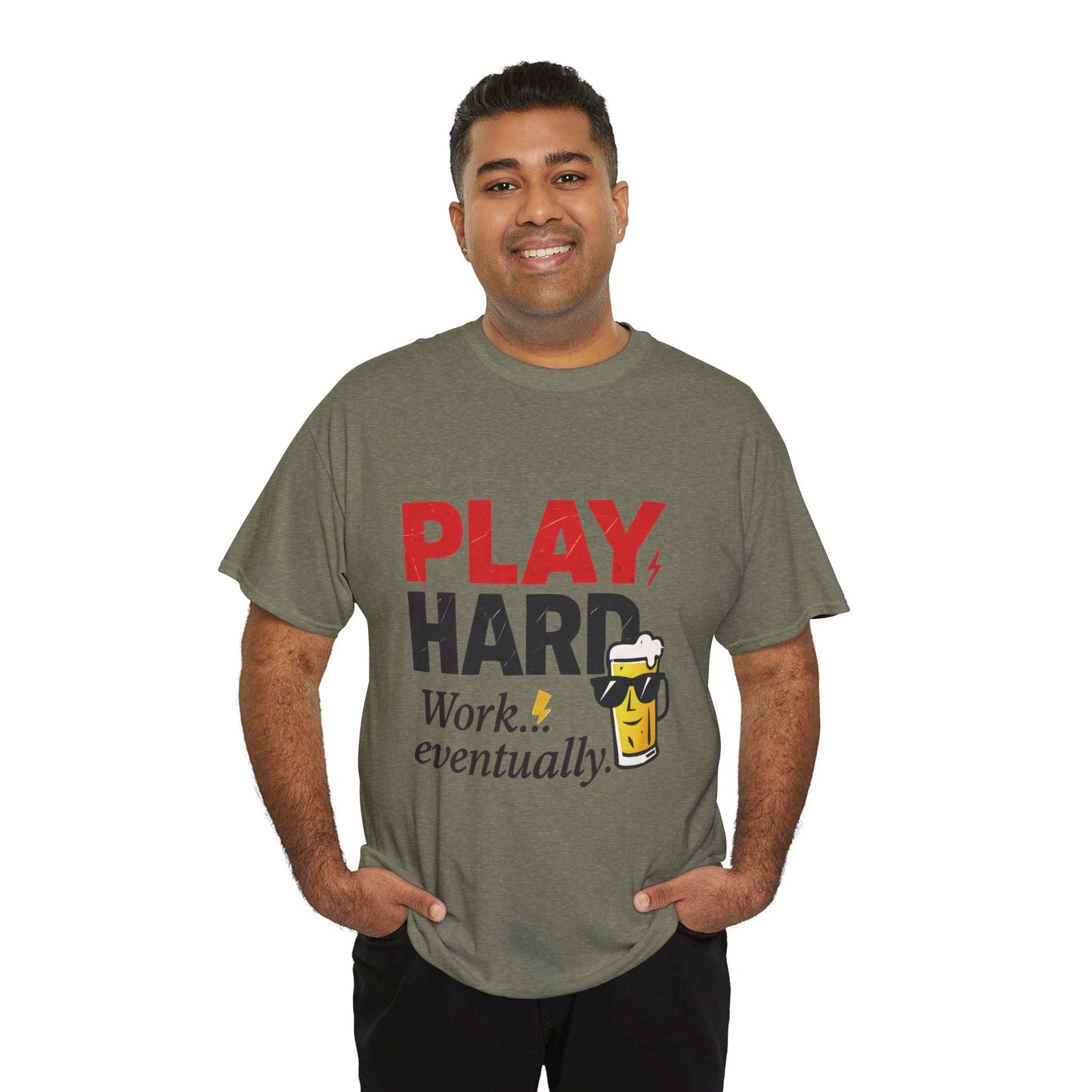 Play Hard Mens Heavy Cotton Tee, Perfect for Beer Lovers, Casual Hangouts, Parties, Gifts, and Relaxed Days