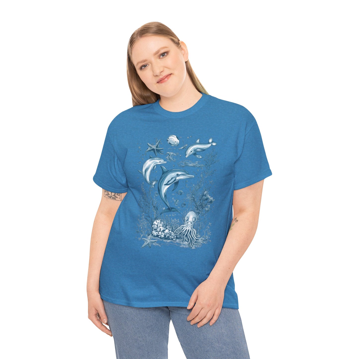 Ocean Life Dolphin T-Shirt, Women's Cotton Tee with Underwater Sea Creatures, Marine Nature Gift Shirt, Perfect for Beach Lovers