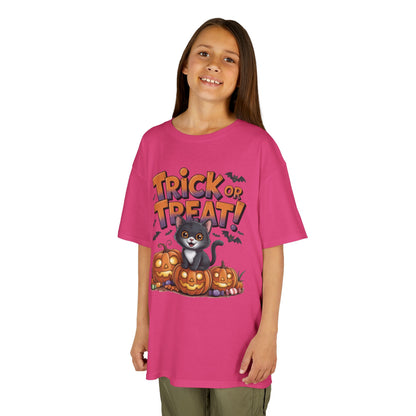 Girls Cute Black Cat Trick or Treat Halloween T-Shirt, Funny Pumpkin Cat Tee, Spooky Fall Shirt for Kids, Matching Family Halloween Shirts