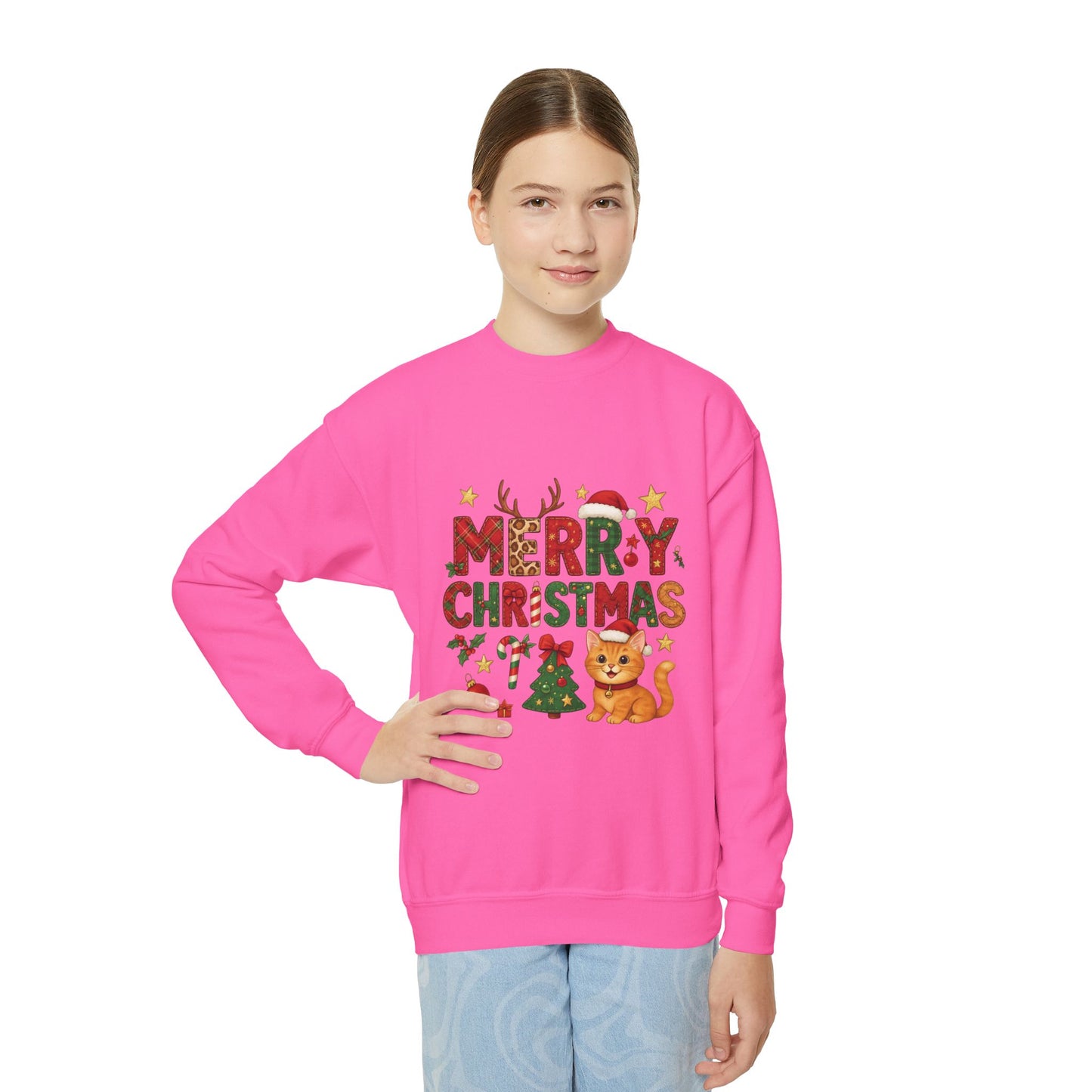 Merry Christmas Cat Sweatshirt for Girls, Cozy Holiday Kitten Jumper, Youth Crewneck Sweatshirt