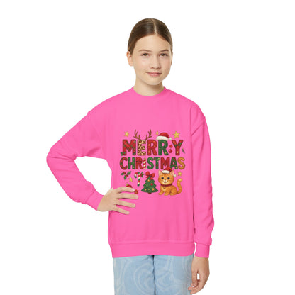 Merry Christmas Cat Sweatshirt for Girls, Cozy Holiday Kitten Jumper, Youth Crewneck Sweatshirt