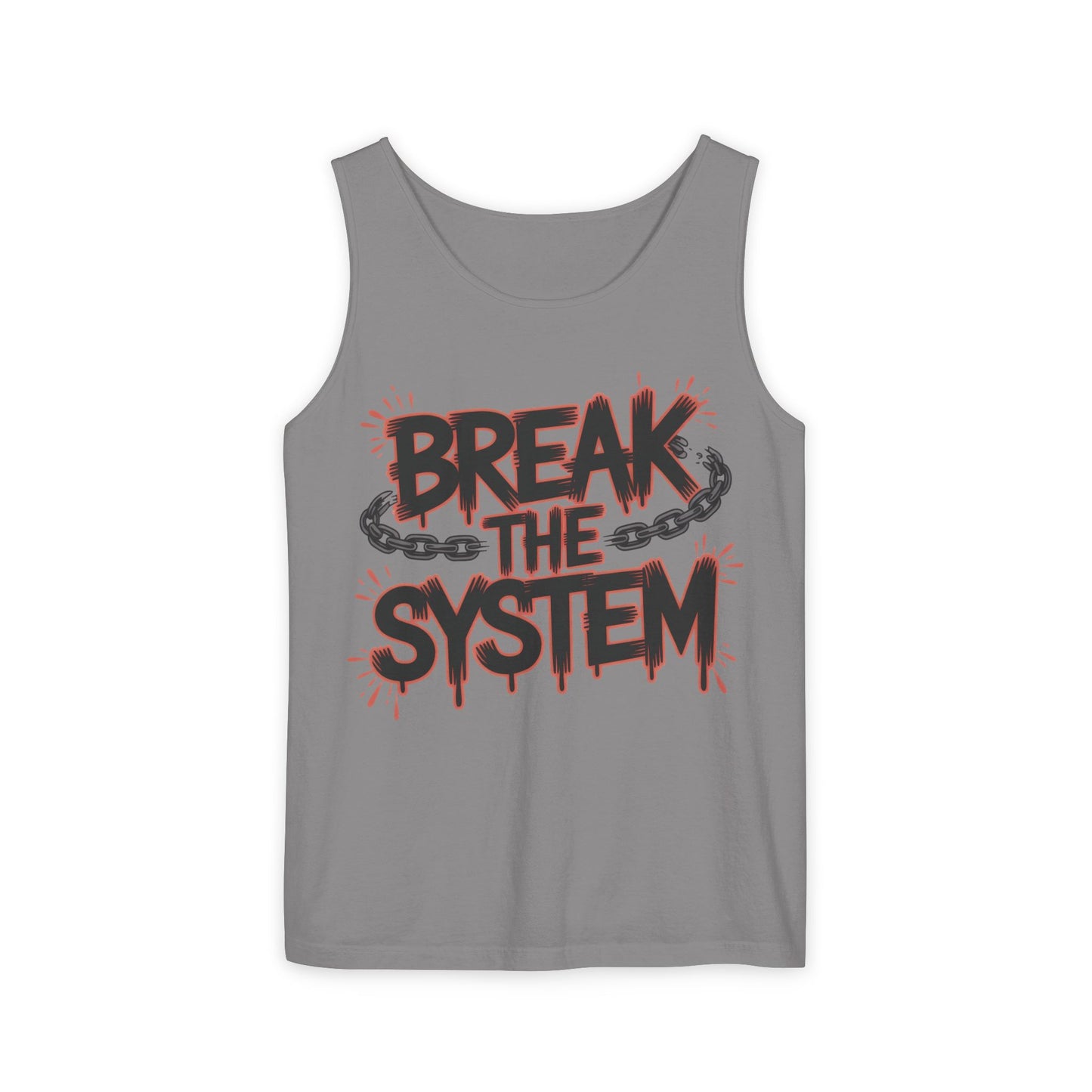 Men's Garment-Dyed Tank Top, Break the System Tank Top, Graphic Protest Muscle Tee, Streetwear Activist Summer Top