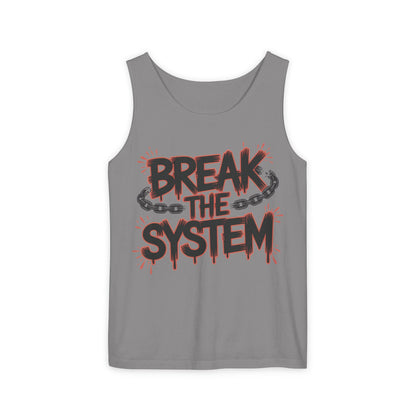 Men's Garment-Dyed Tank Top, Break the System Tank Top, Graphic Protest Muscle Tee, Streetwear Activist Summer Top