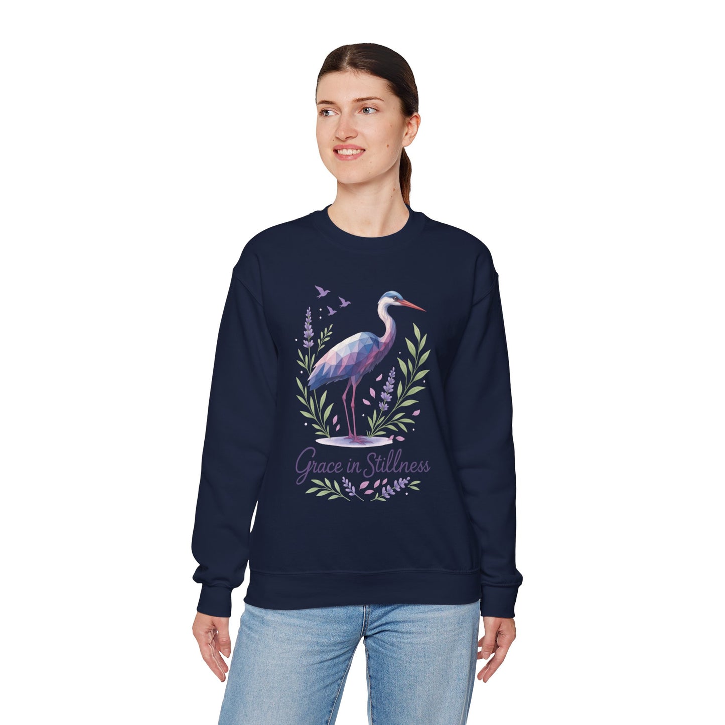Polygonal Heron Graphic Sweatshirt, Women's Artistic Bird Crewneck, Nature-Inspired Minimalist Design, Geometric Crane, Bird Lovers Gift
