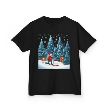 Kids Christmas Skiing T-Shirt, Cute Winter Holiday Graphic Tee, Kids Heavy Cotton™ Tee