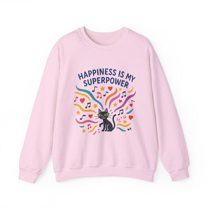 Playful Cat Crewneck Womens Sweatshirt, Happiness is My Superpower, Cozy Sweatshirt, Gift for Cat Lovers, Fun Casual Style, Unique Animal Design