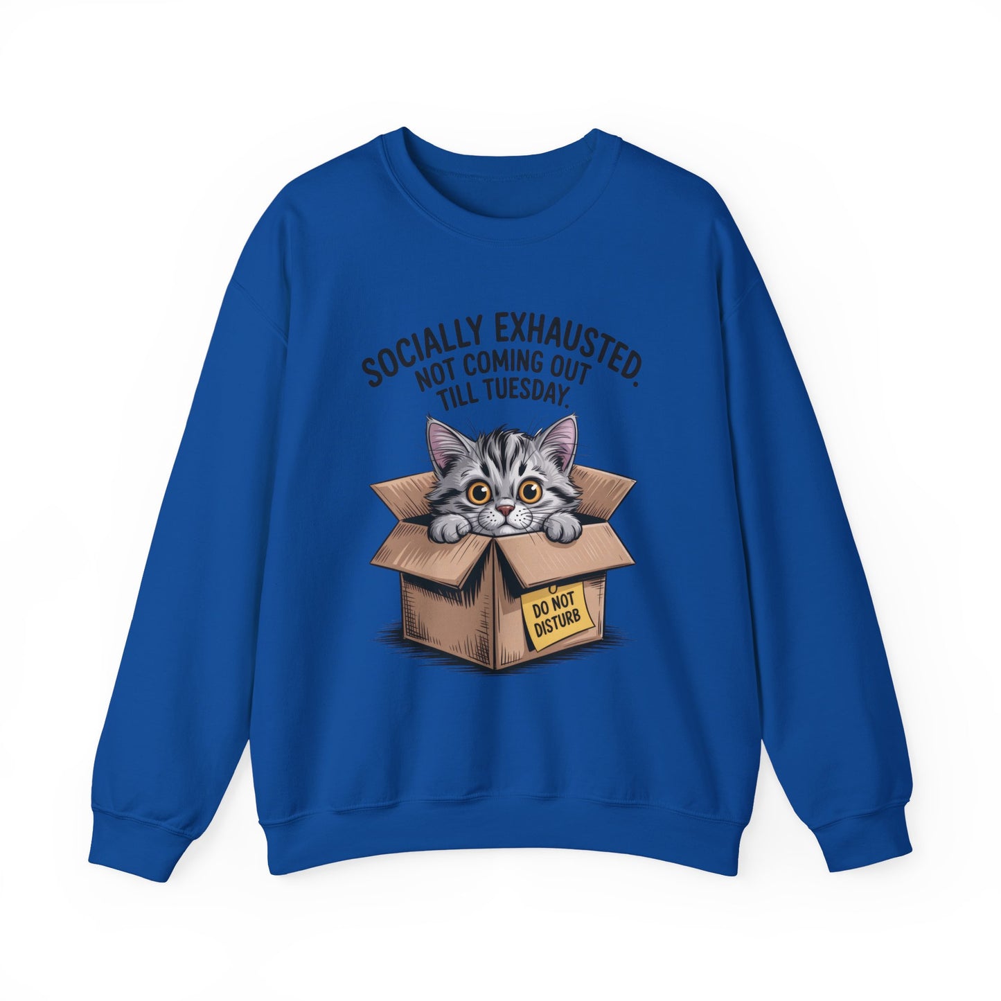 Socially Exhausted Cat Sweatshirt, Funny Cat Crewneck, Gift for Cat Lovers, Cozy Unisex Pullover, Weekend Comfort Apparel