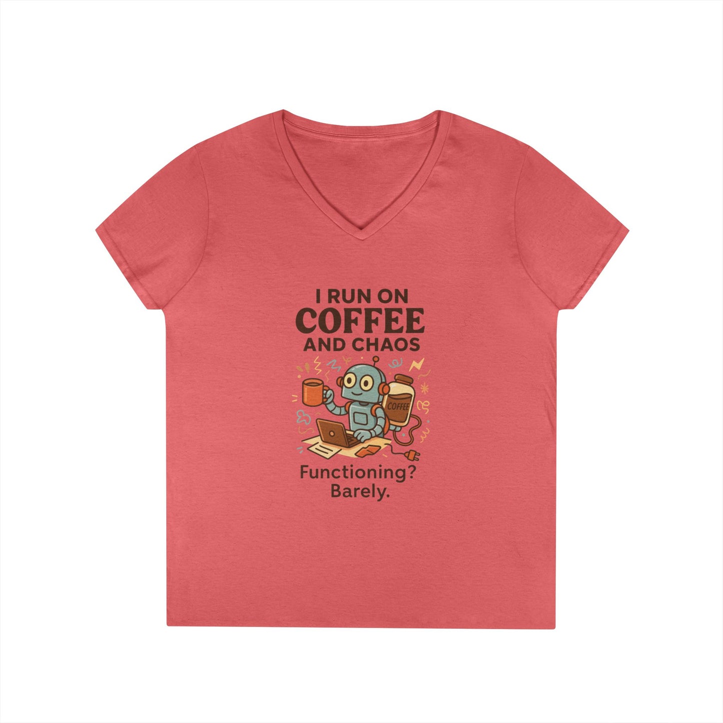 Funny Coffee and Chaos Ladies' V-Neck T-Shirt, Gift for Coffee Lovers, Quirky Tee, Casual Wear, Unique Humor Shirt, Work from Home Humor Tee