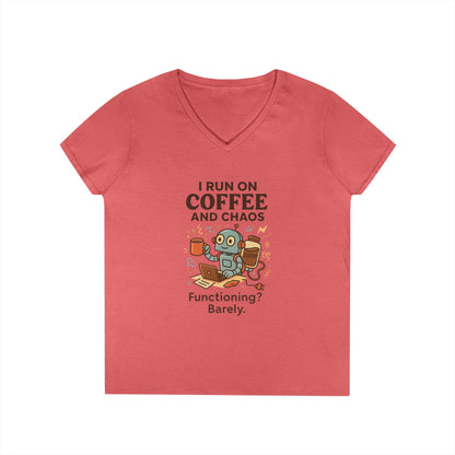 Funny Coffee and Chaos Ladies' V-Neck T-Shirt, Gift for Coffee Lovers, Quirky Tee, Casual Wear, Unique Humor Shirt, Work from Home Humor Tee