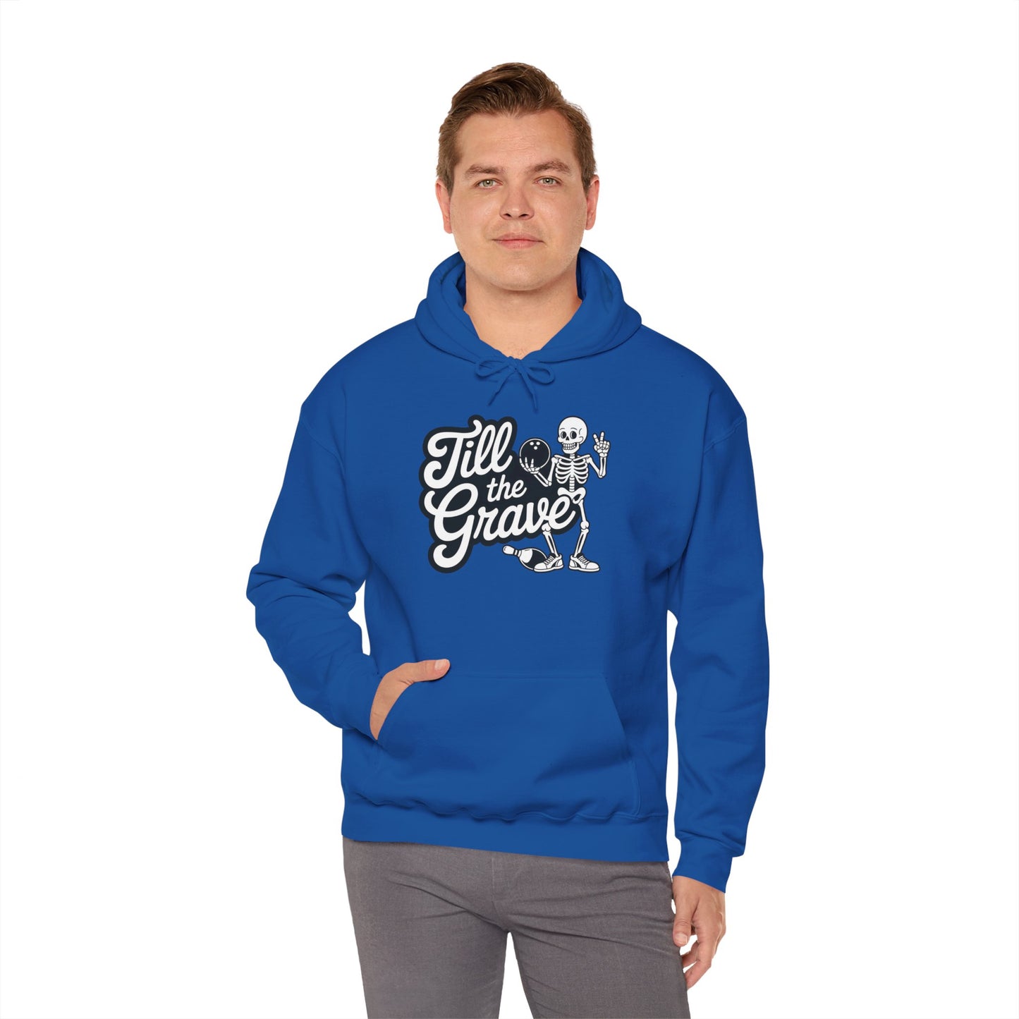 Funny Skeleton Bowling Mens Hoodie, Halloween Apparel, Funny Skeleton Bowling Shirt, Casual Mens Crewneck, Cool Bowler Skull Hoodie