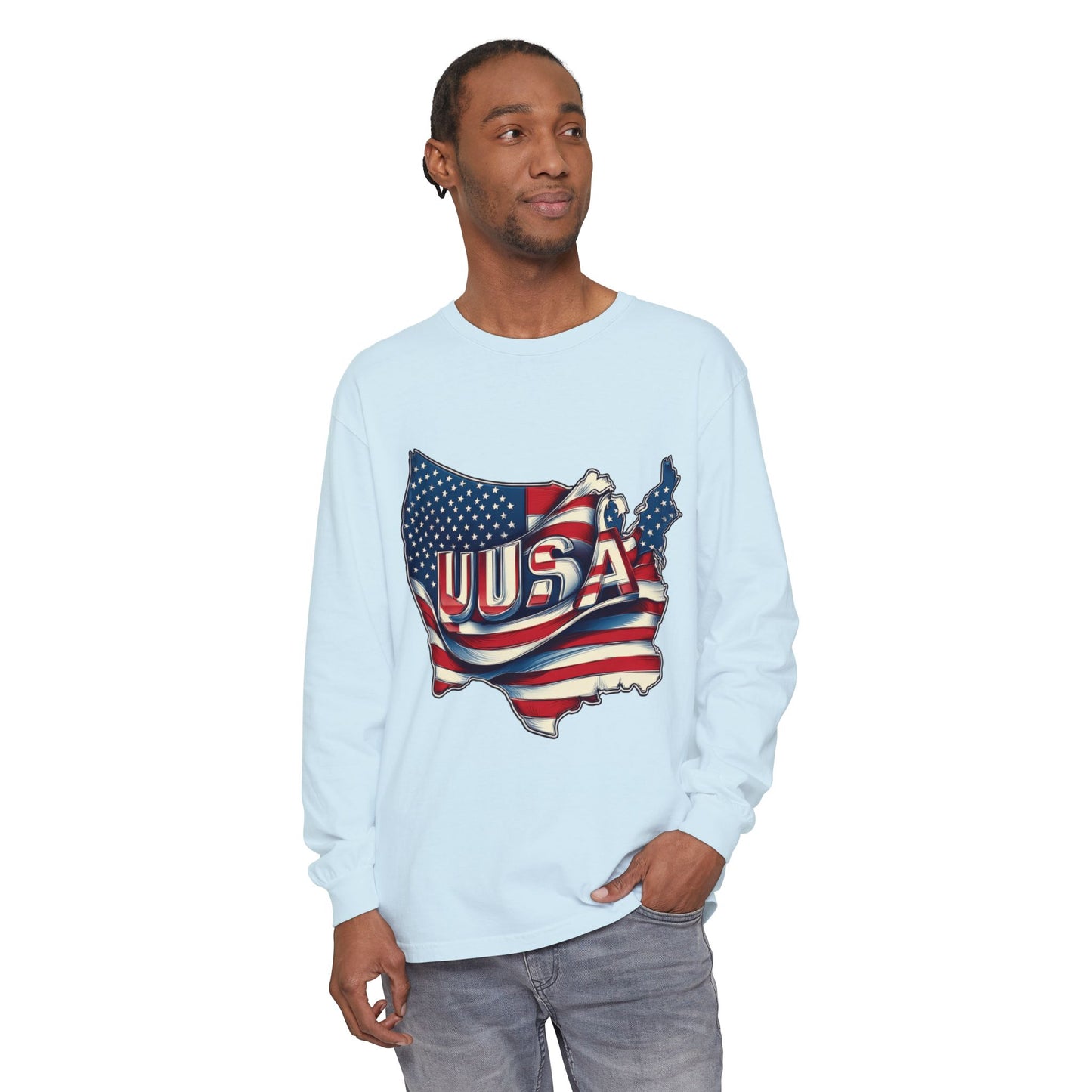 USA Flag Long Sleeve Tee, Unisex Garment-Dyed Shirt, Patriotic Top, All-American Apparel, Independence Day Style, Comfortable Casual Wear