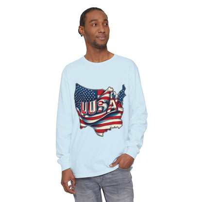 USA Flag Long Sleeve Tee, Unisex Garment-Dyed Shirt, Patriotic Top, All-American Apparel, Independence Day Style, Comfortable Casual Wear