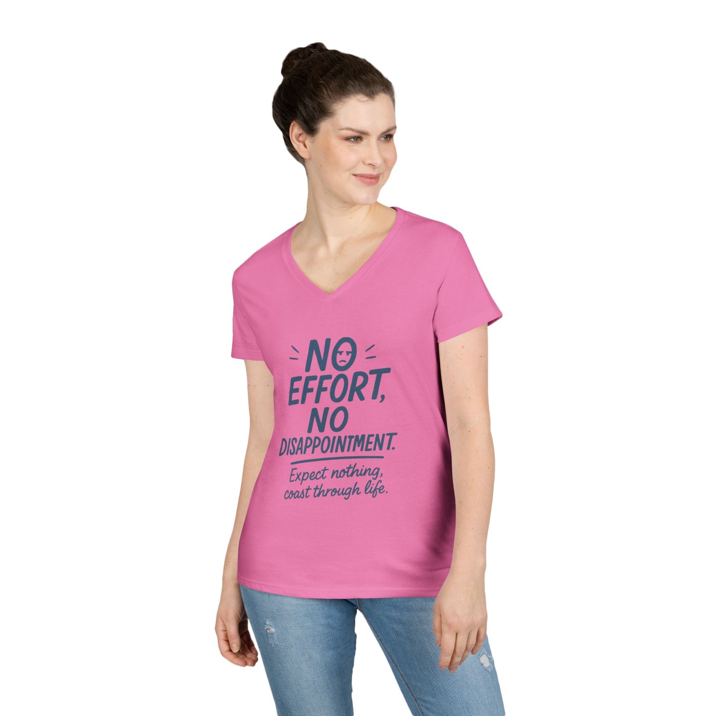 Funny No Effort Womens V-Neck  T-Shirt, No Disappointment Lazy Life Quote Shirt, Cute Graphic Tee for Her, Life Philosophy Shirt