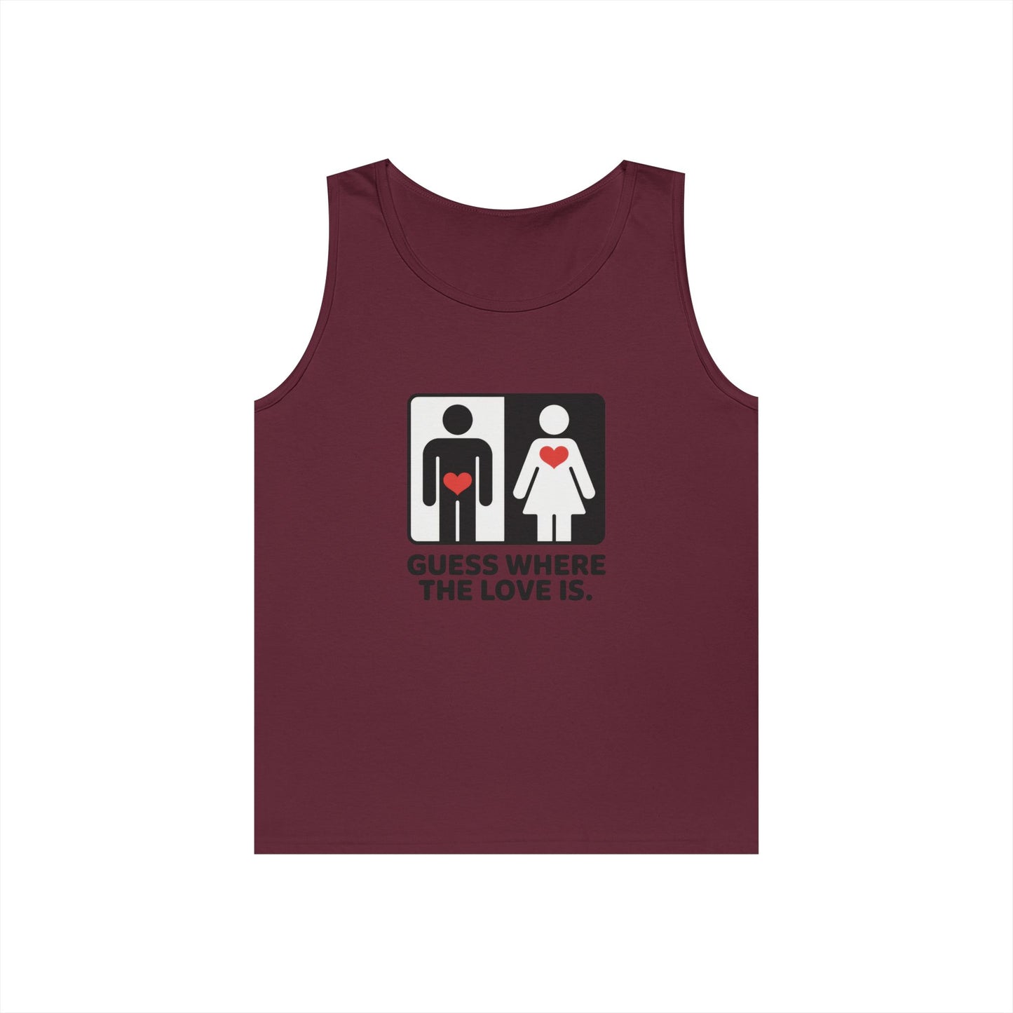 Cute Guess Where The Love Is Mens Tank, Couples Gift, Valentines Day Gift, Relationship Humor Shirt, Funny Tank for Him, Bold Love Joke Tank