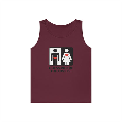 Cute Guess Where The Love Is Mens Tank, Couples Gift, Valentines Day Gift, Relationship Humor Shirt, Funny Tank for Him, Bold Love Joke Tank