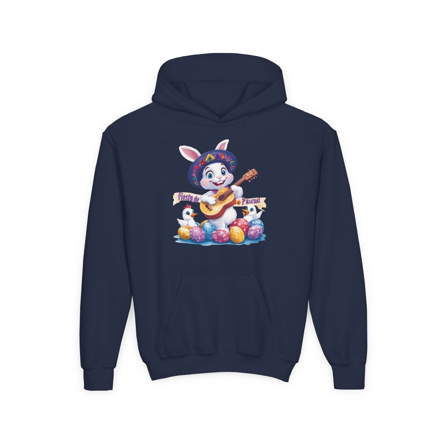 Mexican Easter Bunny Kids Hoodie - Cute Spring Sweatshirt with Guitar, Fun Holiday Outfit, Colorful Fiesta de Pascua Gift for Kids