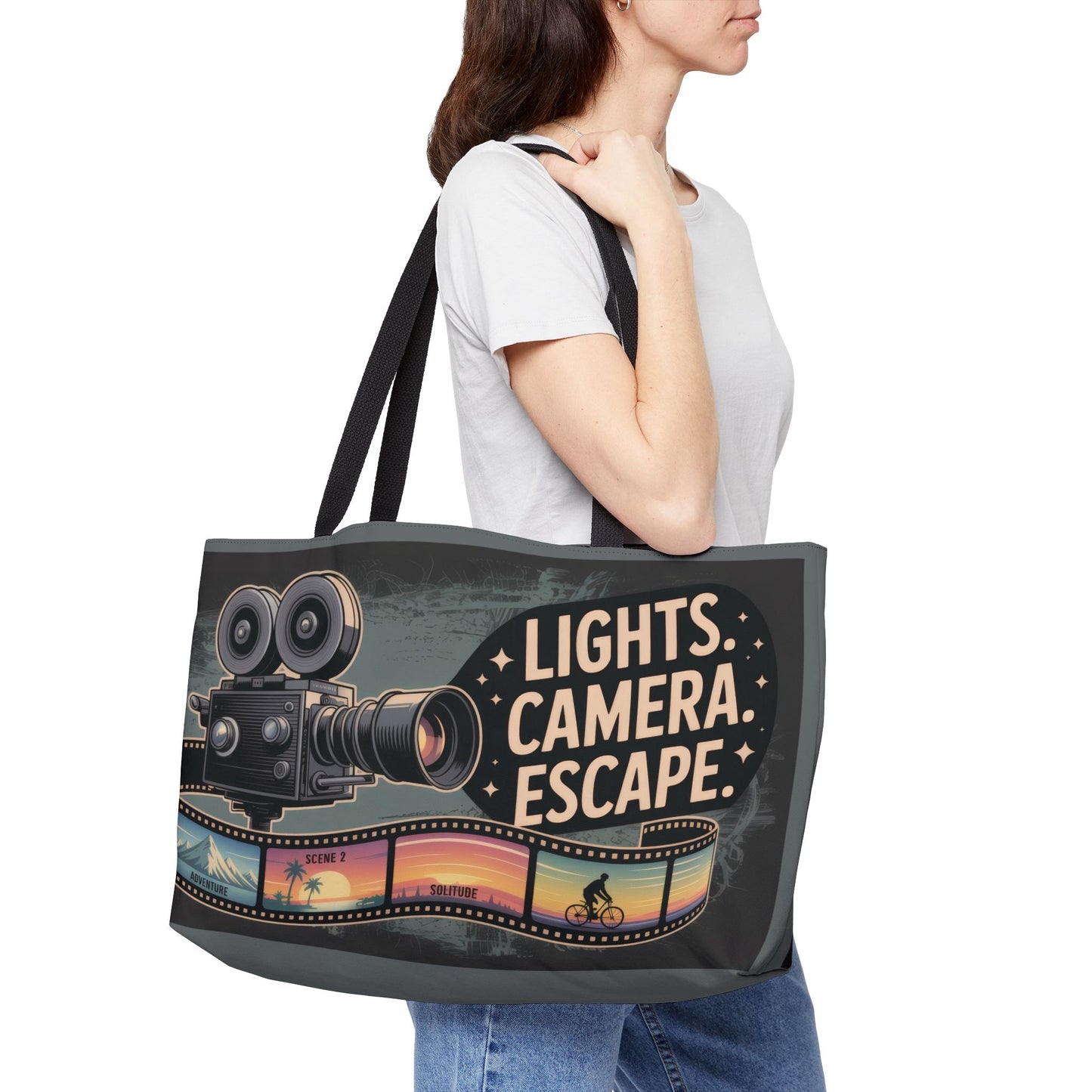 Lights Camera Escape Weekender Tote Bag, Travel Carry-All, Summer Beach Bag, Movie Lover Gift, Weekend Getaway Accessories