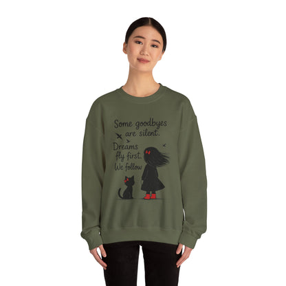 Cozy Farewell Girl & Cat Pullover, Hand Drawn Red Dress Art, Minimalist Womens Crewneck