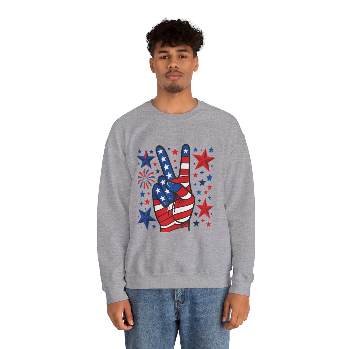 Patriotic Peace Crewneck Sweatshirt - Unisex Heavy Blend, 4th of July Clothing, Peace Sign Design, Casual Wear, Gift for Him/Her
