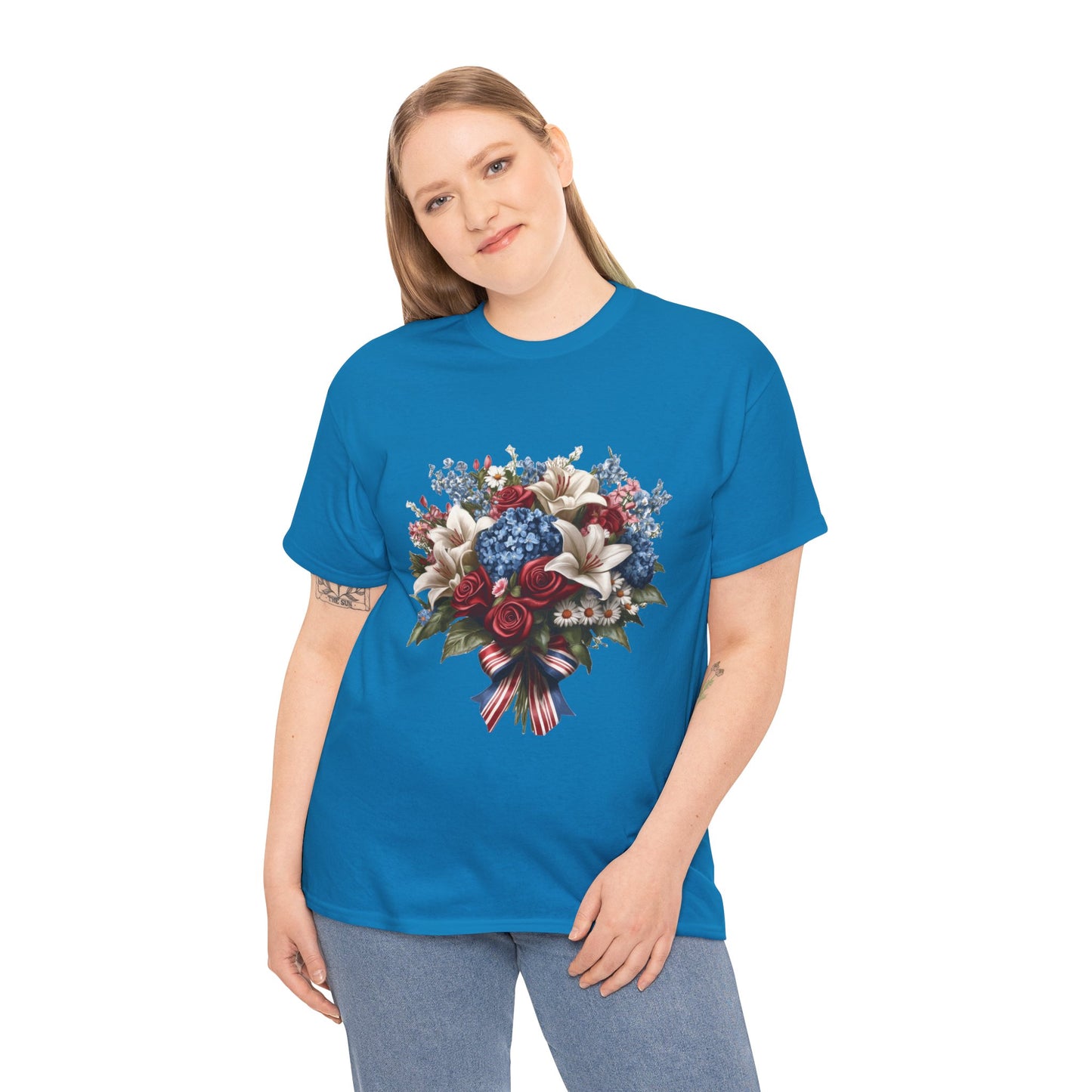 Patriotic Floral Bouquet T-Shirt, Red White Blue Flower Graphic Tee, USA Pride Shirt, Unisex Heavy Cotton Tee
