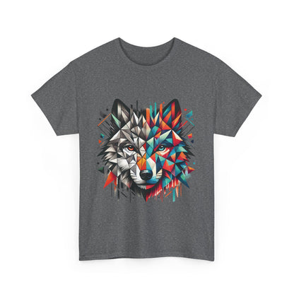Geometric Wolf Tee, Heavy Cotton T-Shirt, Wildlife Lover Apparel, Unique Nature Wear, Artistic Wolf Design Tee