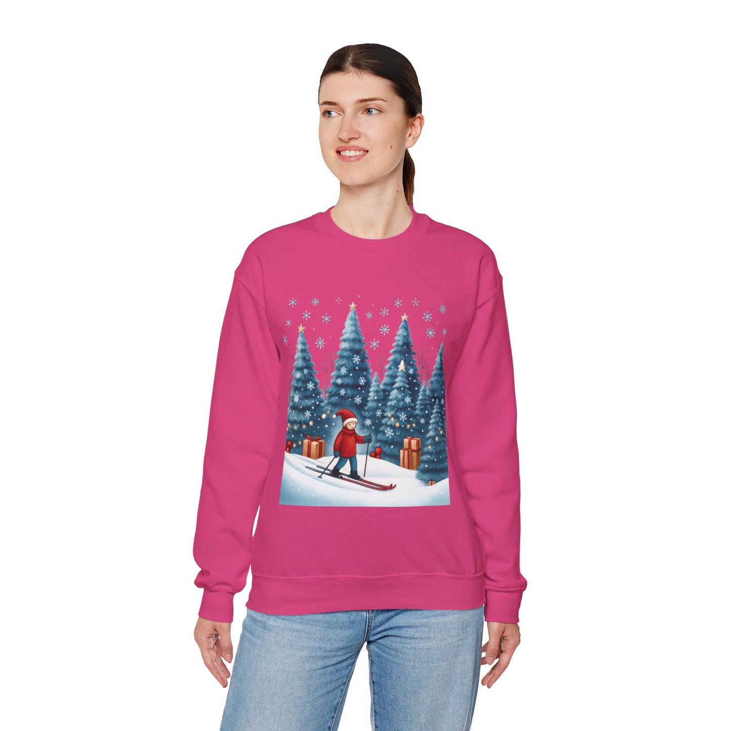 Womens Christmas Skiing Sweatshirt, Cozy Winter Holiday Pullover, Women's Heavy Blend™ Crewneck Sweatshirt