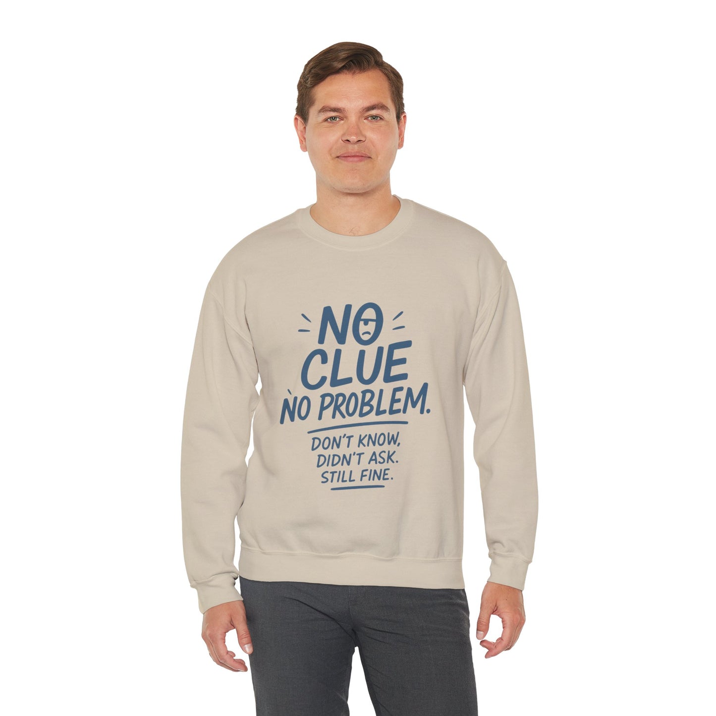 Funny Mens Crewneck Sweatshirt, No Clue No Problem Quote, Dont Know Didnt Ask, Cozy Relaxed Fit Pullover,  Funny Casual Pullover