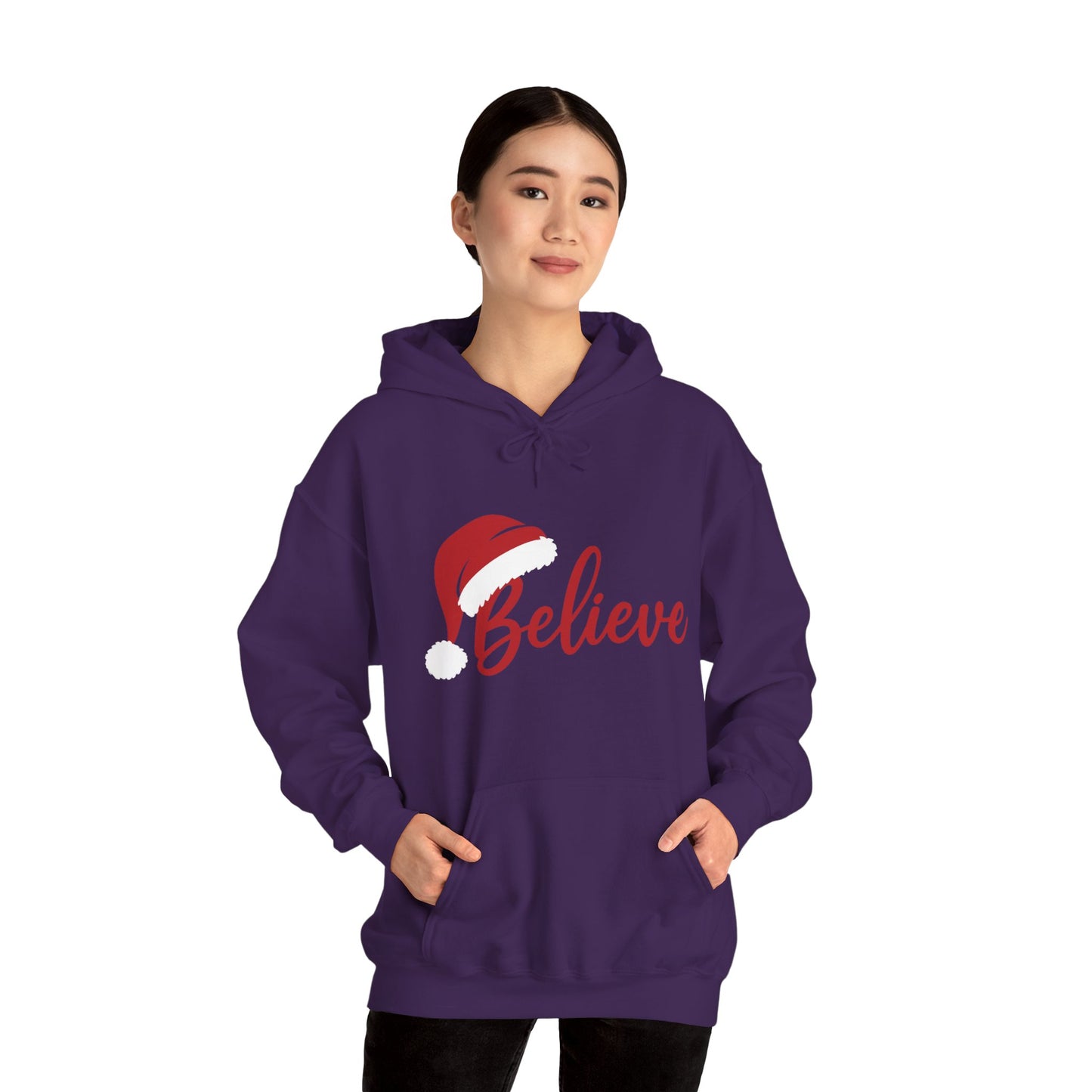 Believe Christmas Women's Hoodie, Minimal Santa Hat Holiday Sweatshirt for Women