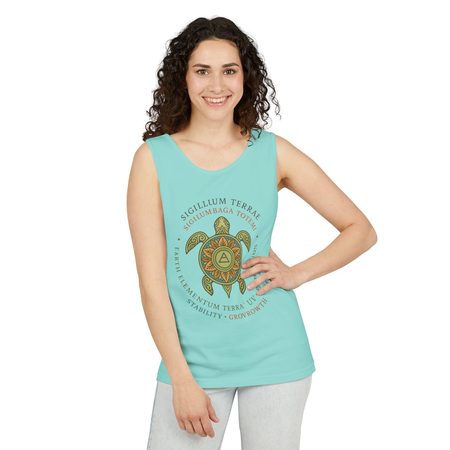 Earth Totem Turtle Womens Tank, Sigillum Terrae Symbol, Elemental Growth Tee, Nature-Inspired Tank Top with Protective Symbol, , Beachwear