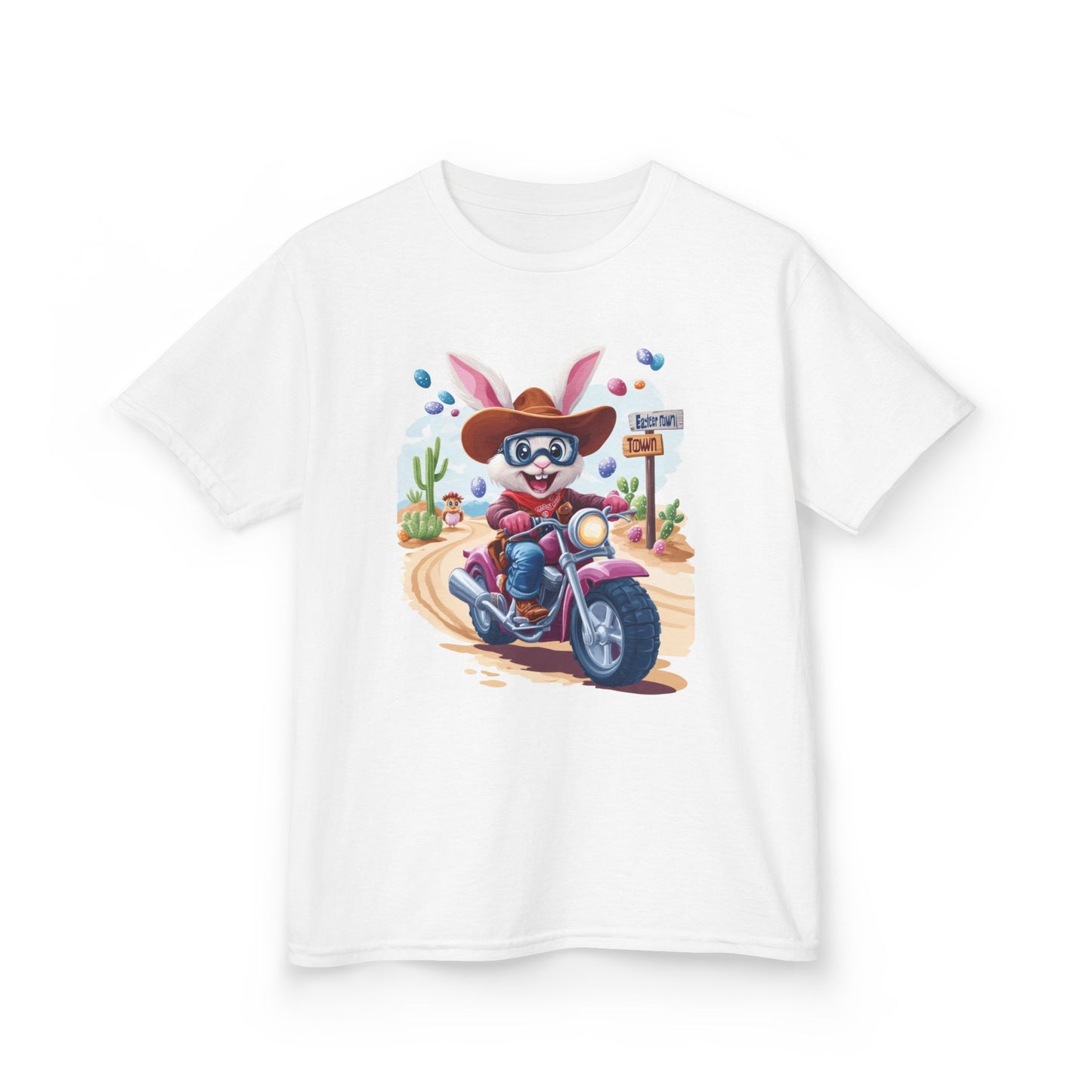 Biker Bunny Kids Tee - Fun Easter Shirt for Boys & Girls, Cute Spring Outfit with Motorcycle Rabbit Heavy Cotton Toddler T-Shirt Bunny Rider