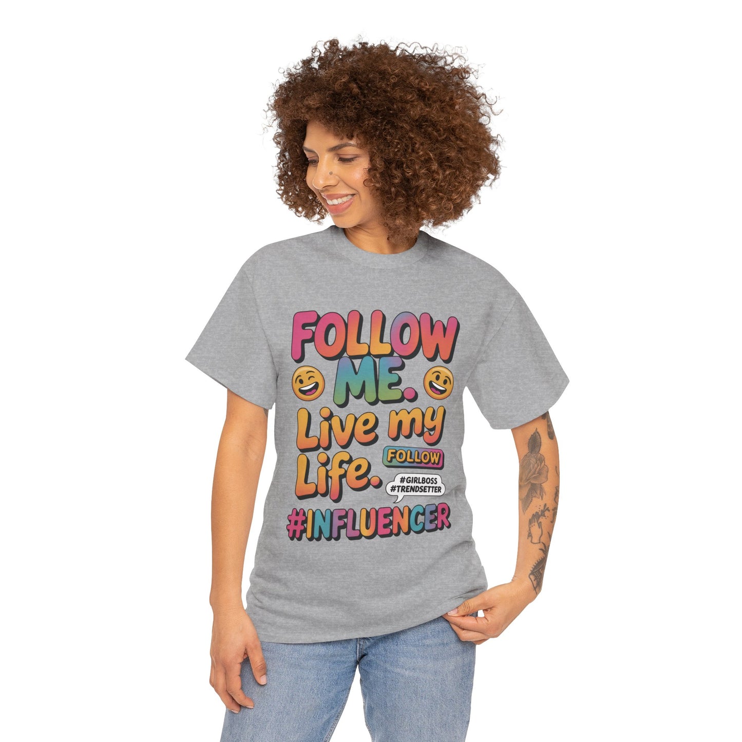 Womens Heavy Cotton Tee, Influencer Graphic Tee, Follow Me Live My Life Shirt, Colorful Trendy GirlBoss T-Shirt, Trendsetter Summer Wear