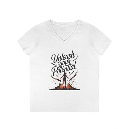 Empowering Ladies' V-Neck T-Shirt | Unleash Your Potential | Gift for Motivation, Birthday, Inspirational Wear, Positive Energy Top