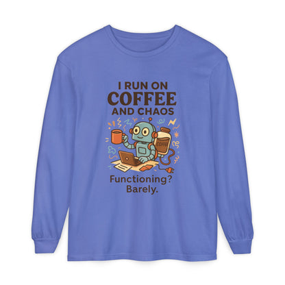Coffee Chaos Long Sleeve Tee, Funny T-Shirt, Quirky Gift for Coffee Lovers, Unisex Top for Busy Lives, Work from Home Humor Tee