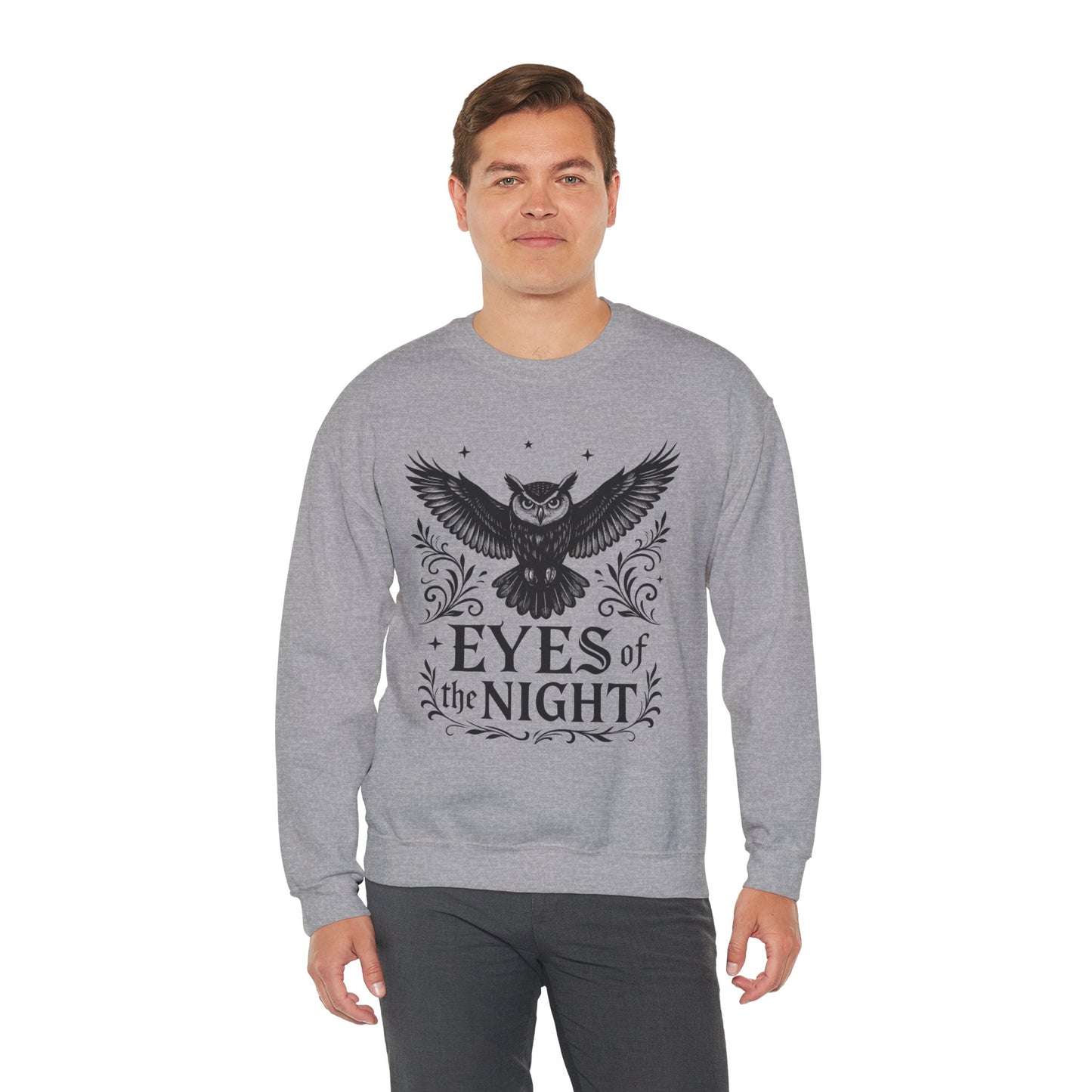Eyes of the Night Owl Sweatshirt, Mens Dark Gothic Sweatshirt, Mysterious Owl Graphic Pullover, Forest Bird of Night Design, Halloween Gift