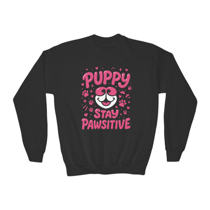 Youth Puppy Crewneck Sweatshirt - Stay Pawsitive Design, Cute Pet Apparel, Kids Sweatshirt, Animal Lover Gift, Cozy Winter Wear, Kids Gift