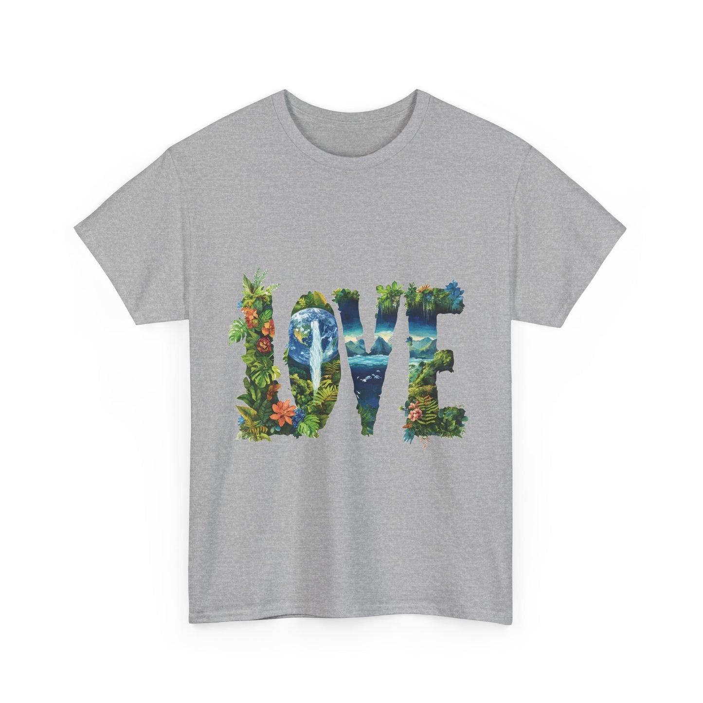 LOVE Nature Art Womens Heavy Cotton Tee, Earth Day Jungle Forest Graphic T-Shirt, Eco Friendly Gift Shirt, Nature-Inspired Love Tee