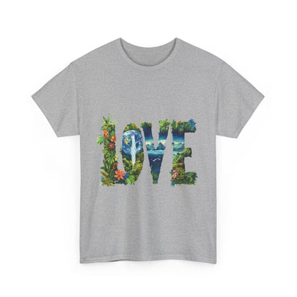 LOVE Nature Art Womens Heavy Cotton Tee, Earth Day Jungle Forest Graphic T-Shirt, Eco Friendly Gift Shirt, Nature-Inspired Love Tee