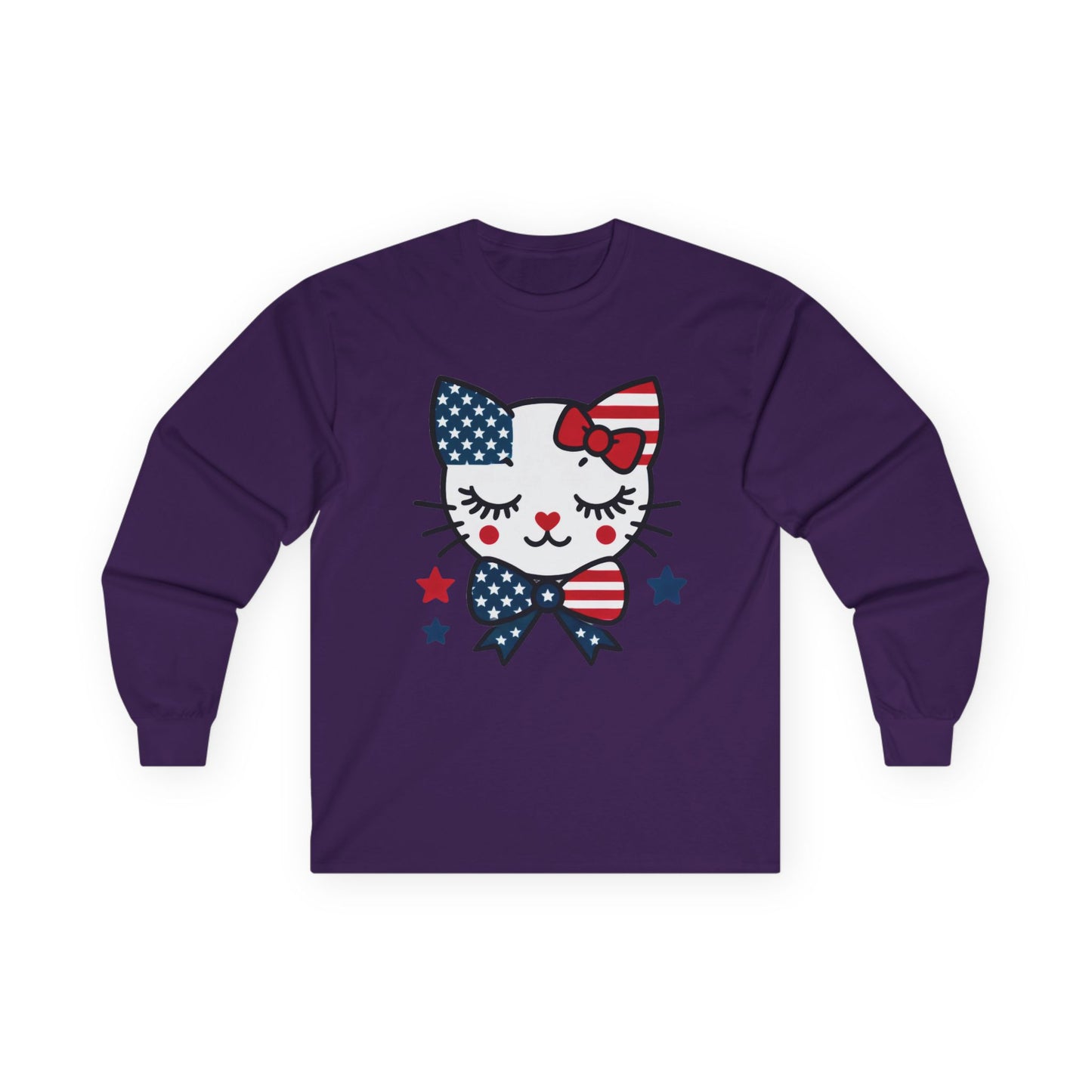 Cute Patriotic Cat Long Sleeve Tee, Women's T-Shirt for Independence Day, 4th of July Celebration, Animal Lover Gift, USA Flag Design