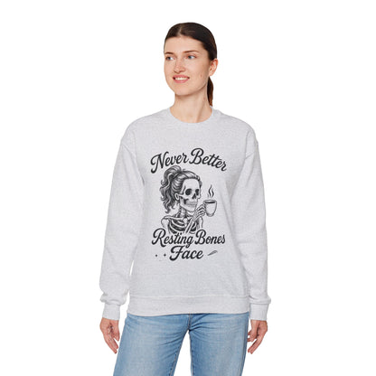 Skull Coffee Lovers Crewneck Sweatshirt, Womens, Perfect for Halloween, Cozy Outfit, Gift for Friends, Relaxing Days, Coffee Enthusiasts