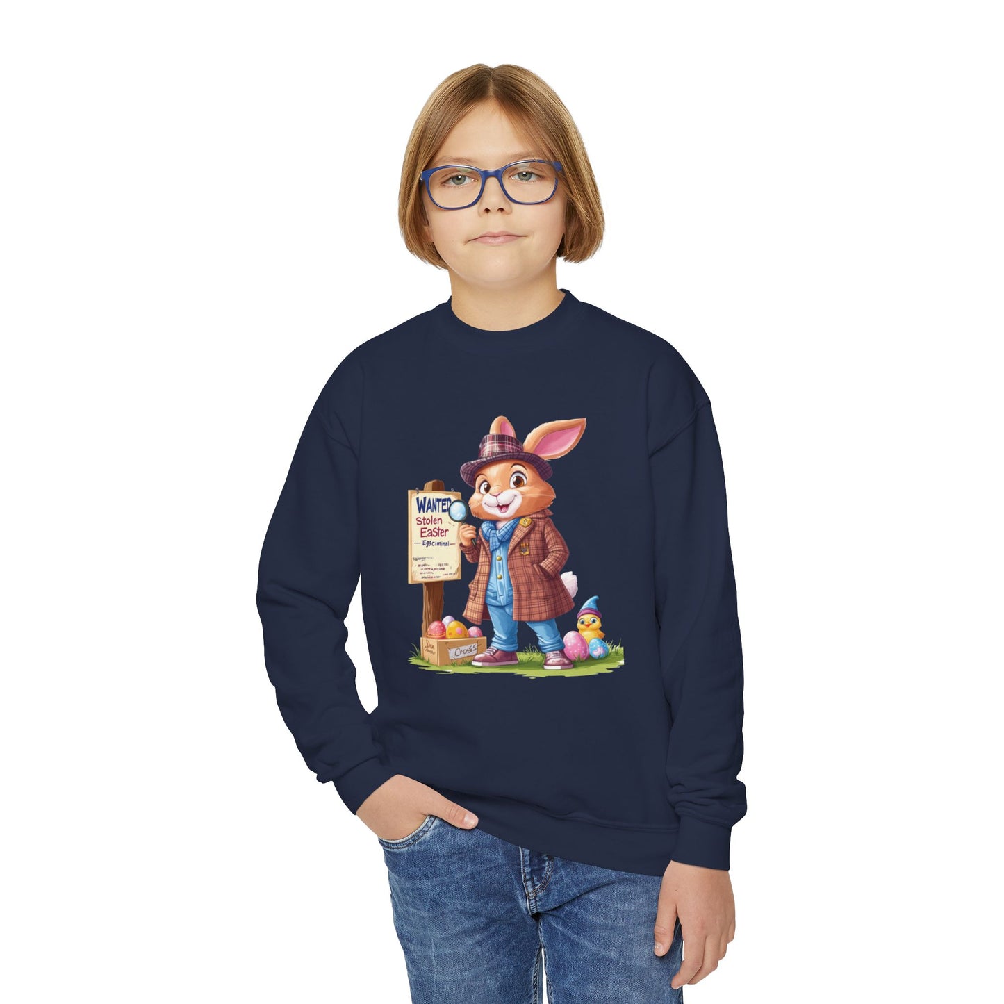 Easter Bunny Detective Kids Sweatshirt - Fun Egg Hunt Design, Cute Spring Holiday Outfit, Youth Crewneck for Boys & Girls, Easter Gift