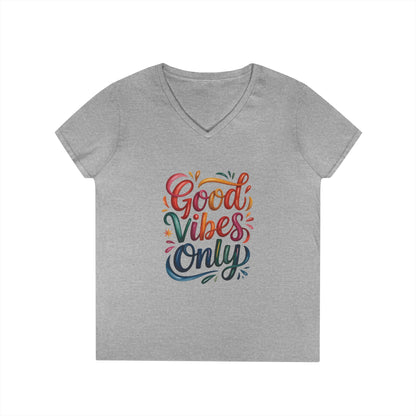 Good Vibes Only Ladies' V-Neck T-Shirt | Positive Message Tee, Casual Wear, Gift for Her, Summer Style, Feel Good Fashion, Positive Energy