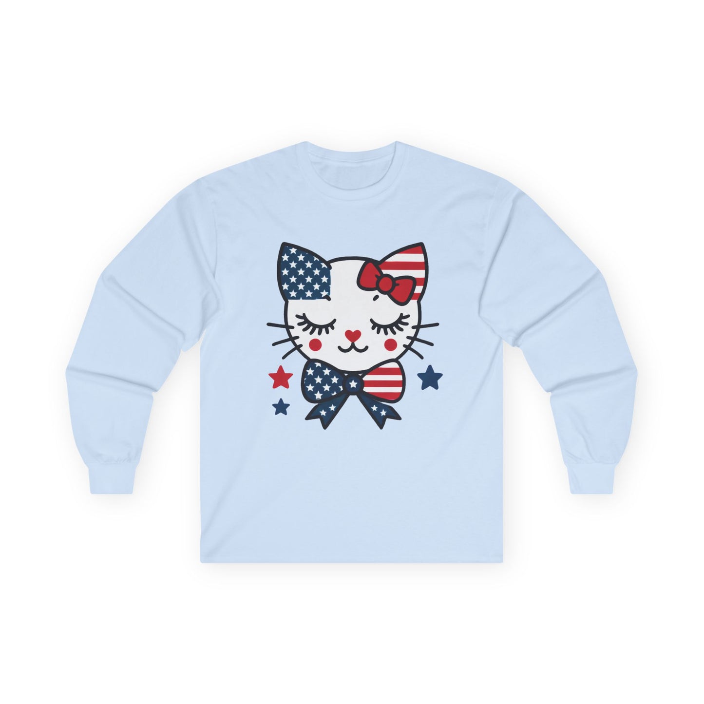 Cute Patriotic Cat Long Sleeve Tee, Women's T-Shirt for Independence Day, 4th of July Celebration, Animal Lover Gift, USA Flag Design