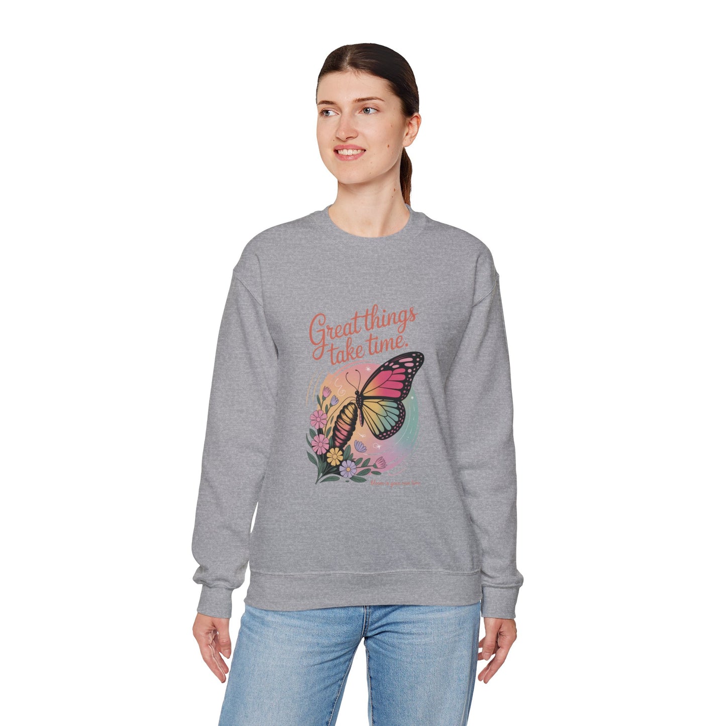Inspirational Butterfly Sweatshirt - Great Things Take Time, Cozy Unisex Crewneck, Perfect Gift for Nature Lovers, Relaxed Style, [...]