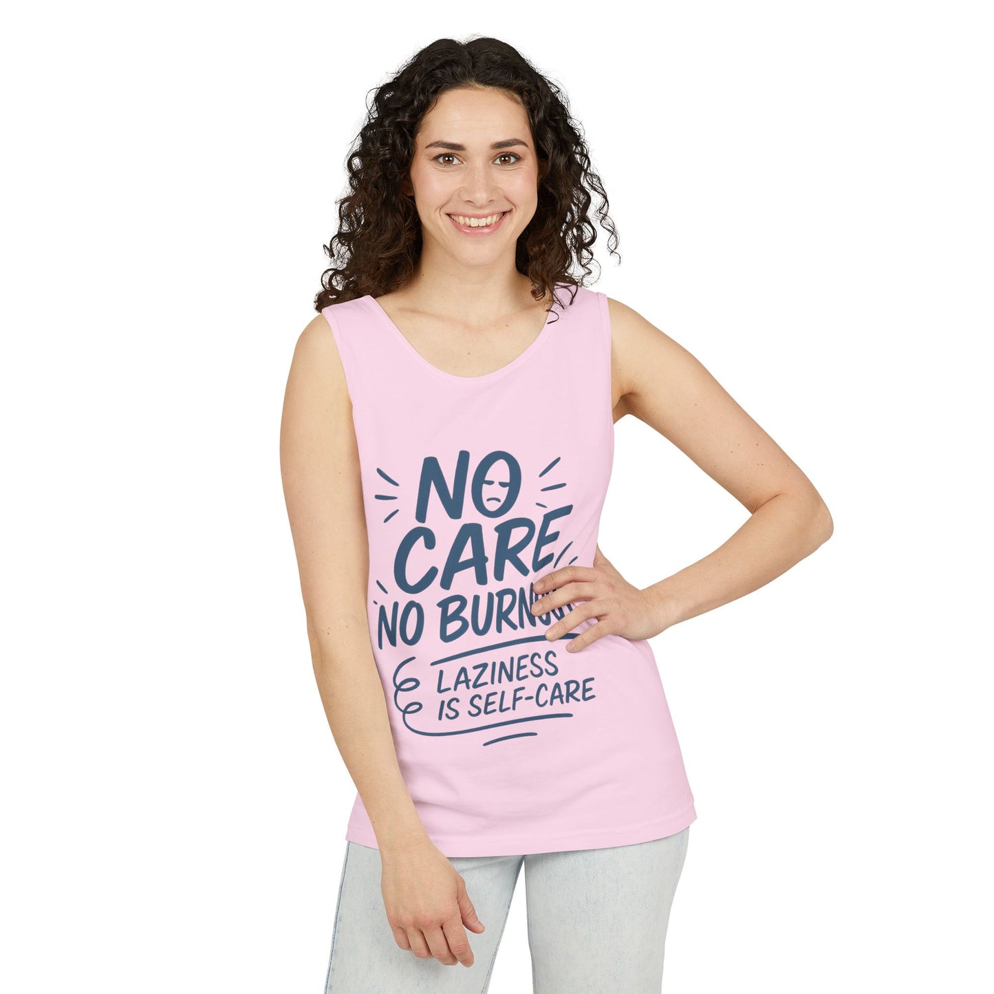 No Care No Burnout Womens Tank Top, Funny Self-Care Quote, Lazy Life Gym Workout Shirt, Casual Sleeveless Top, Relaxed Summer Apparel